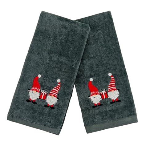 Christmas Gnomes Towel Set: Grey Hand Towels With Red White Embroidery Jolly Nordic Gnome