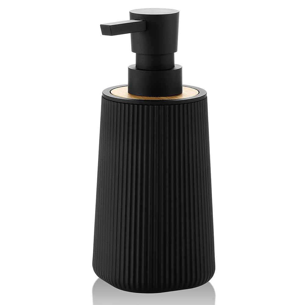 Small Soap Dispenser for Bathroom and Kitchen, Modern Farmhouse Striped Style Plastic Hand Soap Dish Soap Dispenser with Bamboo 