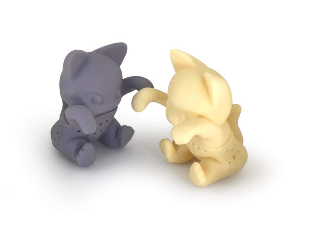 2 Cats Kittens Shape Beige/Gray Tea Infuser Loose Leaf Strainer Herbal & Fruit Tea Filter Diffuser Food Grade Silicone Pet Lover