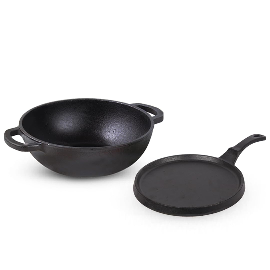 The Indus Valley PreSeasoned Cast Iron Cookware Set | Kadai (25.4 Cm/2.3L) + Tawa (25.5 Cm) | Kitchen Cooking Combo Pots And Pa