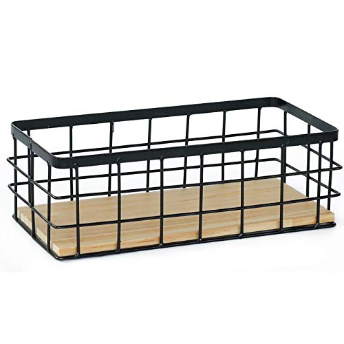 Metal Wire Bathroom Storage Organizer Basket Bin, Rustic Vintage Wire Grid Wooden Base Organizing Basket For Kitchen, Cabinets,