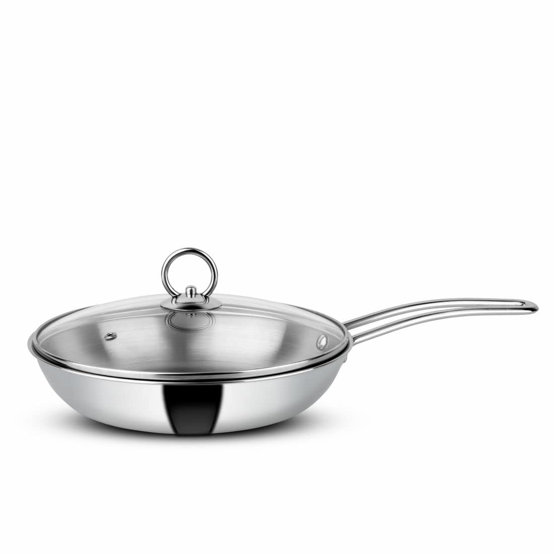 Orange Triply Stainless Steel Fry Pan With Riveted Cast Long Handle With Glass Lid | 2 Litre Capacity, 24Cm Diameter | Heavy Bot