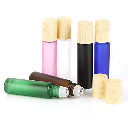 Essential Oil Roller Bottles,5 Pack 10Ml Colorful Frosted Glass Roller Bottles With Stainless Steel Roller Balls,Wood Grain Lid