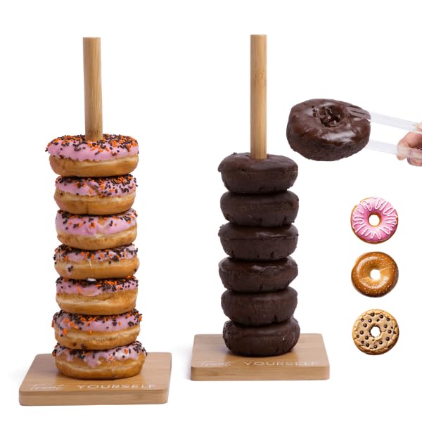 Bamboo Donut Stands for Dessert Table, Set of 2 w/ Tongs, Donut Holder Stand Party, Multipurpose Bagel Holder, Trendy Display fo