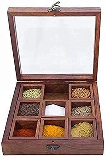 Homenrich Wooden Masala Box | Spice Rack | Spice Jar | Masala Dabba | Multipurpose Spice Box | Container For Kitchen | Kitchen S