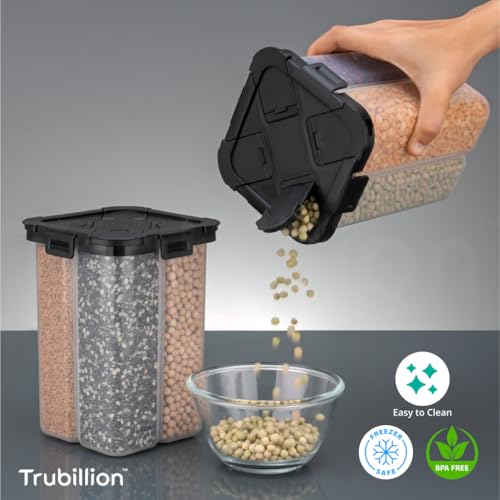 Trubillion Splitbox 4-Section Kitchen Food Storage Container,2000Ml Bpa-Free Transparent,Black Lid,Removable Divider,Freezer Saf