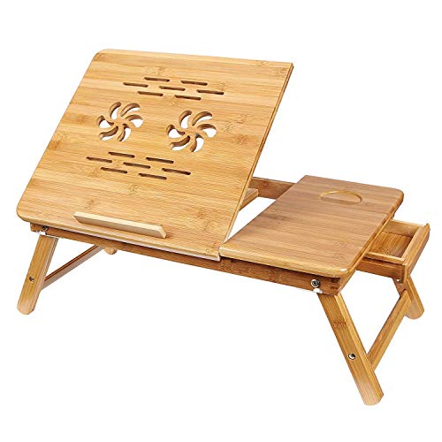 Snazzy Bamboo Laptop Desk, Adjustable Portable Breakfast Serving Bed Tray With Tilting Top Drawer For Surfing Reading Writing Ea