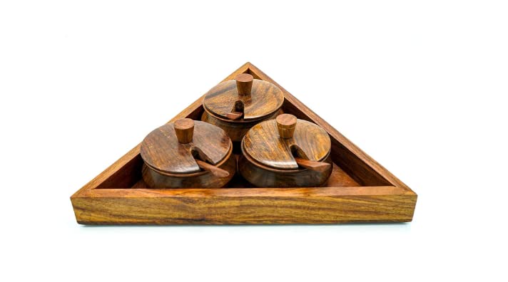Iska Sheesham Wood Triangular Spice Jars Set, Handmade & Handcrafted MultiUtility Masala Dabba Storage Containers With Tray And