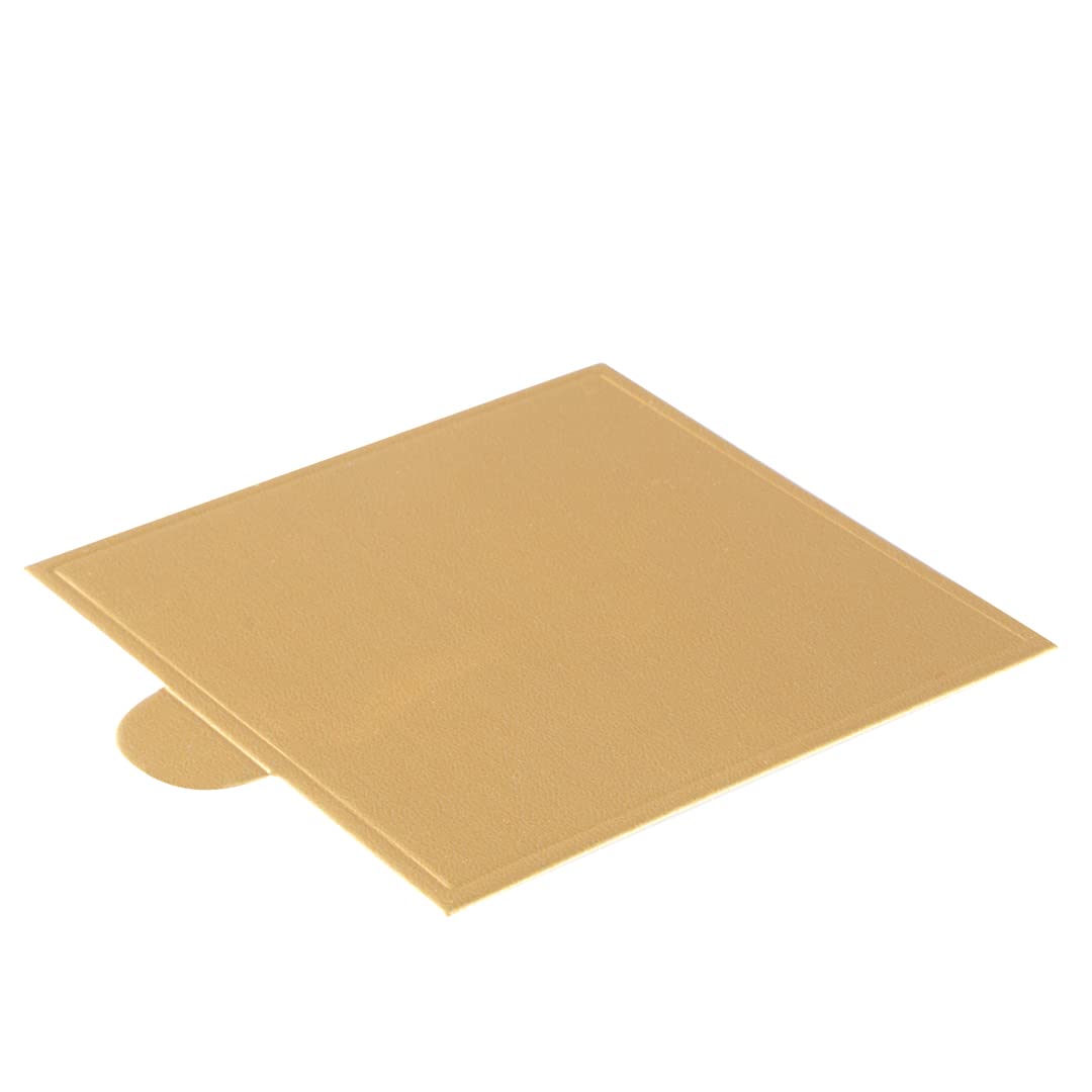 Restaurantware 2.8 Inch Mini Cake Boards 200 Square Single Portion Cake Boards - Built-In Tab For Dessert Displays Gold Paper Sm