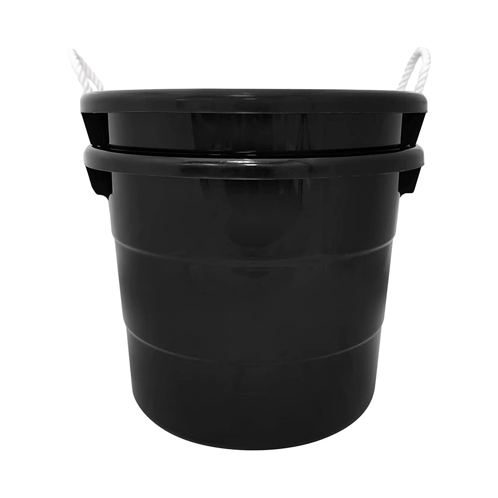 Homz 18 Gallon Plastic Multipurpose Utility Storage Bucket Tub With Strong Rope Handles For Indoor And Outdoor Use, Black, (2 Pa