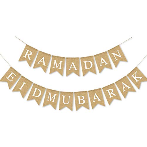 Swyoun Burlap Ramadan Eid Mubarak Banner Supplies Muslim Fireplace Mantel Decoration