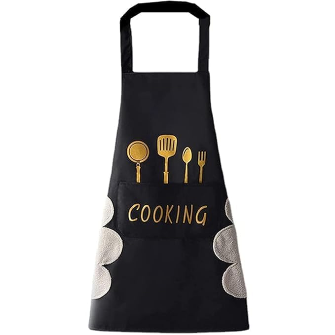 Takshavi Waterproof Kitchen Apron With Hand Wiping Side Towel  Adjustable Cooking Apron With Pocket & Cutlery Print  Oilproof