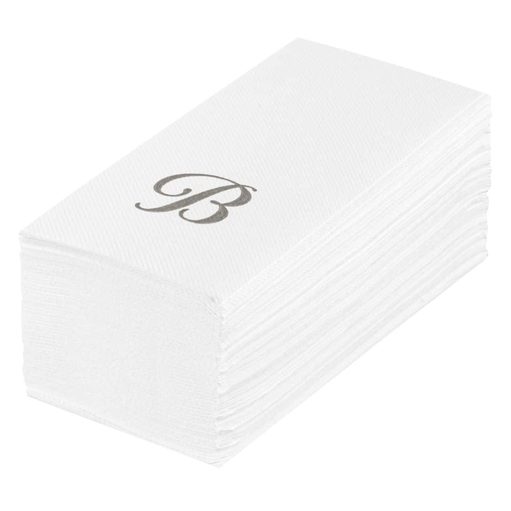 Luxenap 15.8 X 7.9 Inch Linen-Feel Guest Towels, 50 Lettered Hand Towels - Silver Letter 'B', Cursive Font, White Paper Dinner N