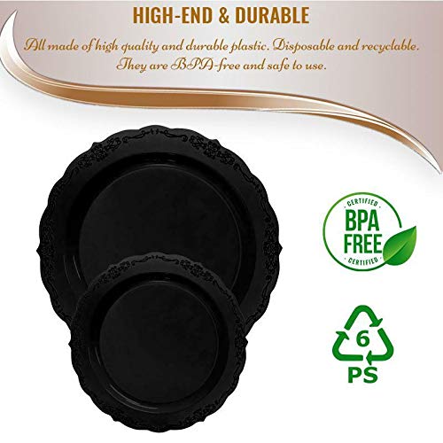 Kaya Elegant Black Vintage Rim Round Plastic Disposable Dinner Plates (Pack Of 10) - Stylish Design, Perfect For Weddings, Parti