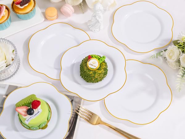 Liacere 100PCS White and Gold Dessert Plates- Disposable 7inch Floral Appetizer Cake Small Plates, Perfect for Wedding & Party &