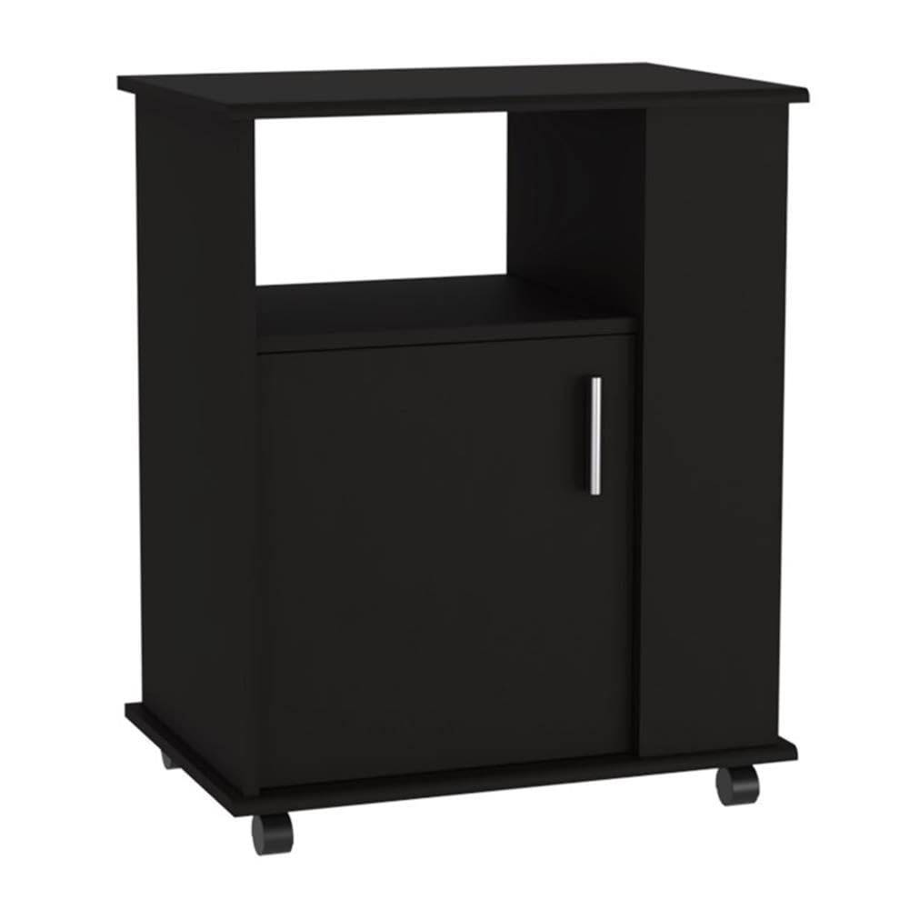 TUHOME Kit Lower Microwave Cabinet  One-Door Cabinet  Three Lateral Shelves  Two Internal Shelves  Countertop For Microwave  Black  For Kitchen Room