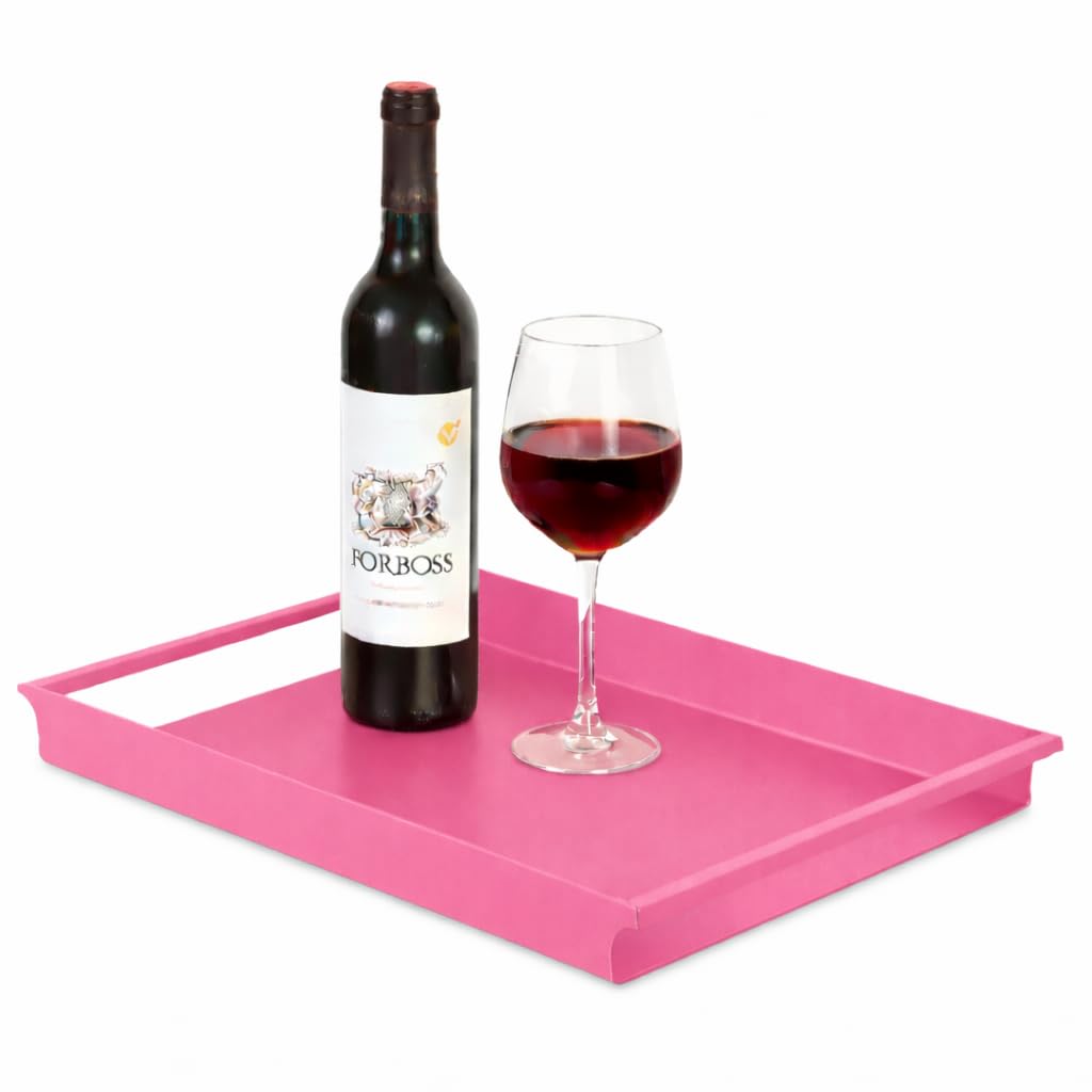 Ogfc 57555 Decorative Serving Tray, Modern Metal Rectangle Coffee Table Tray With Sleek Rounded Cutout Side Handles  Pink