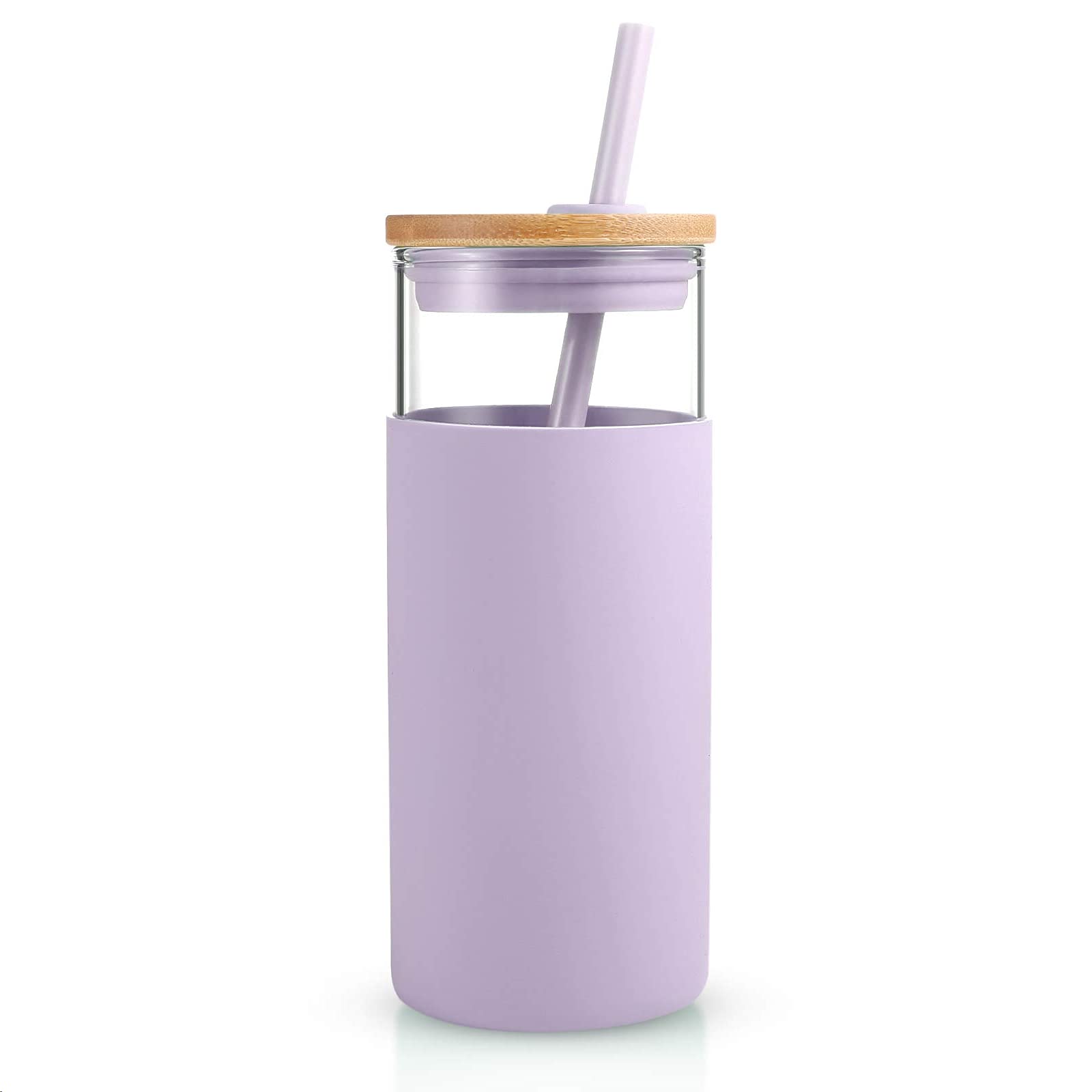 Tronco 20Oz Glass Tumbler Glass Water Bottle Straw Silicone Protective Sleeve Bamboo Lid - Bpa Free (Light Purple/1 Pack)