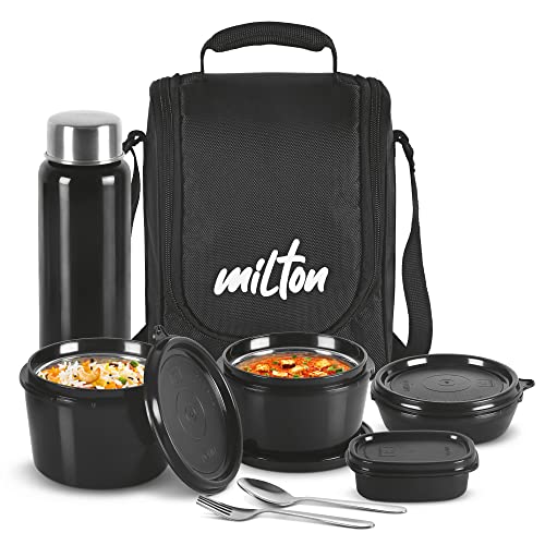 Milton Pro Lunch Box With Steel Cutlery, 3 Microwave Safe Inner Steel Containers (180Ml, 320Ml, 450Ml) Plastic Chutney Dabba 100