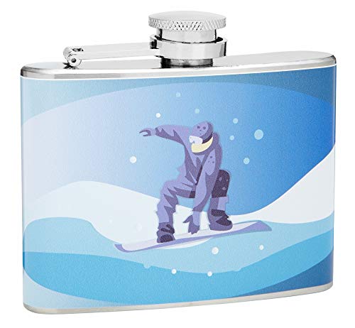 Hip Flask Holding 4 oz  Snow Boarding Design  Pocket Size, Stainless Steel, Leak Proof, ScrewOn Cap  Sky Blue, White, Iris a