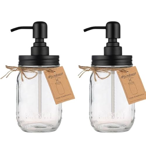 Plomkeest 2-Pack 16oz Mason Jar Soap Dispenser Clear Glass Jar Soap Dispenser with Stainless Steel Pump Liquid Soap Dispensers(Black)