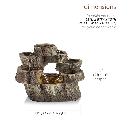 Alpine Corporation WIN1134 10 Indoor Tabletop Tiered Tree Trunk Waterfall Fountain with LED Lights - Rustic Cascading Water Feat