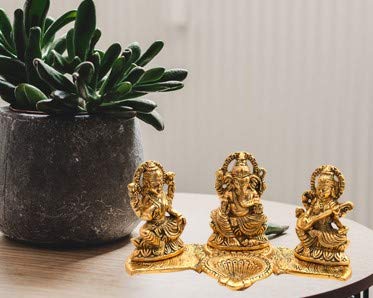 Evisha Golden Brass Metal Lord Laxmi Ganesh And Saraswati With Diya Handicraft Idol For Temple Home Dcor