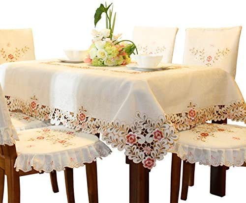 MONKDECOR Satin Embroidery Cut Work 8 Seater Dining Table Cover (Size 60x108 Inches) Design 3