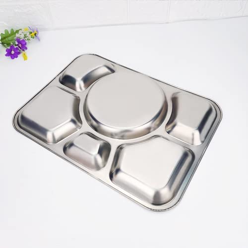 Hacaroa 4 Pack Stainless Steel Divided Dinner Plates, 15X10.6 Inches Snack Serving Plate With 6 Compartment, Metal Food Trays Fo