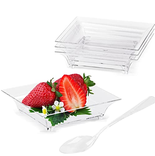 TOFLEN 100ct 1 oz Mini Dessert Plates with Tasting Spoons - Reusable Clear Plastic Square Party Serving Trays Mini Plates for Appetizers  Chocolates  Ice Cream  Fruit and More