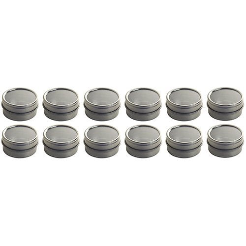 Juvitus .25 Oz Silver Metal Steel Tin Flat Container With Tight Sealed Clear Lid (12 Pack)