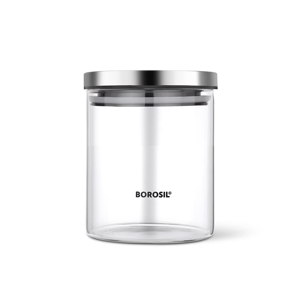 Borosil Classic Glass Jar, AirTight Storage Container For Kitchen, Glass Jar For Storing Spices, 600 Ml, Clear