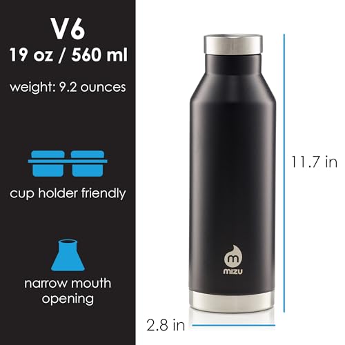 Mizu V6 Insulated Stainless Steel Water Bottle, 560 ml, Black, Vacuum Insulated, Leak Proof Cap, Model M1120101.3001