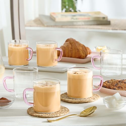Borosil 190Ml 6Pc Vision Classic Tea And Coffee Mug Set With Pink Handle | Made In India Borosillicate Glass, Microwave Safe, Sc