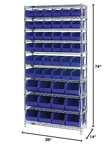 Bin System Unit, Stationary, Includes: (4) 74H Posts, (10) 36W X 14D Wire Shelves, (36) Qus230 And (12) Qus240 Blue Bins, Chrome