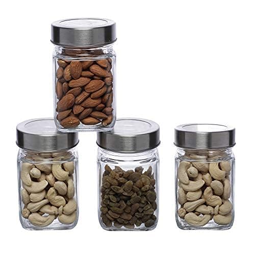 Simparte Glass Jar Barni 310Ml Transparent Square Container Set Of 4 With Airtight Steel Lid For Kitchen Pantry Storage Of Spice
