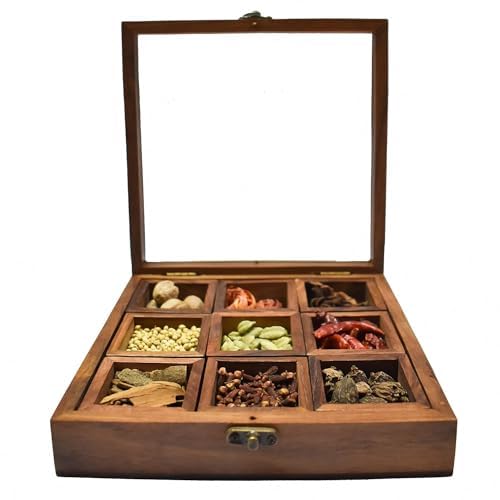 Ali Shipping Sheesham Wooden Kitchen Spice Box  50 Ml Masala Dabba, NonRemovable Partitions, Brown