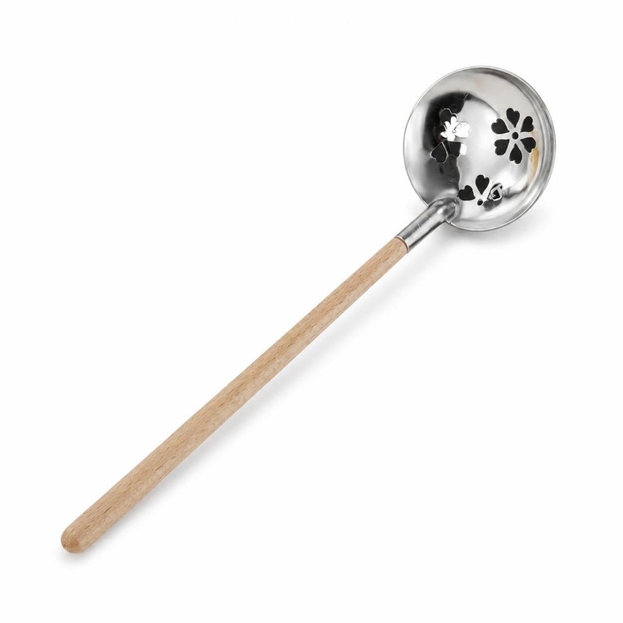 Cooking Spoon Soup Ladle Slotted Spoon, 304 Wood Handle Small Slotted Spoon