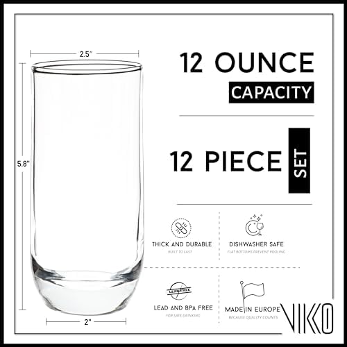 Vikko Drinking Glasses, 12 Oz Drinking Glasses Set of 12, Crystal Clear Glass Cups for Water or Juice, Highball Glass Tumbler &