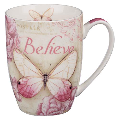 Believe Butterfly Mug     Botanic Pink Butterfly Coffee Mug w/Mark 9:23, Bible Verse Mug for Women and Men     Inspirational Cof