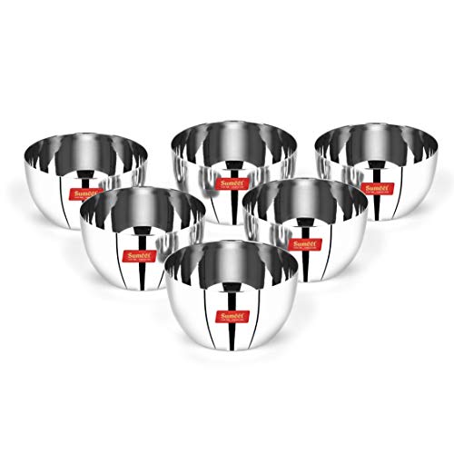 Sumeet Heavy Gauge Stainless Steel Apple Bowl Wati Katori with Mirror Finish  9.2cm Dia  set of 6pc  220ML Each