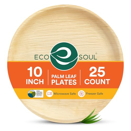Eco Soul [10 Inch, 25Pack] Areca Palm Leaf Round Plates | Disposable EcoFriendly Biodegradable Like Bamboo Wood Plates | Party