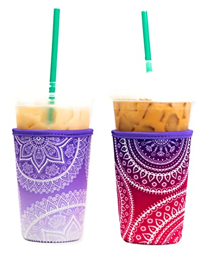 Baxendale Iced Coffee Sleeve Cups - 2 Pack - Neoprene Iced Coffee Sleeve - Medium 22-24Oz (Mandala Purple)