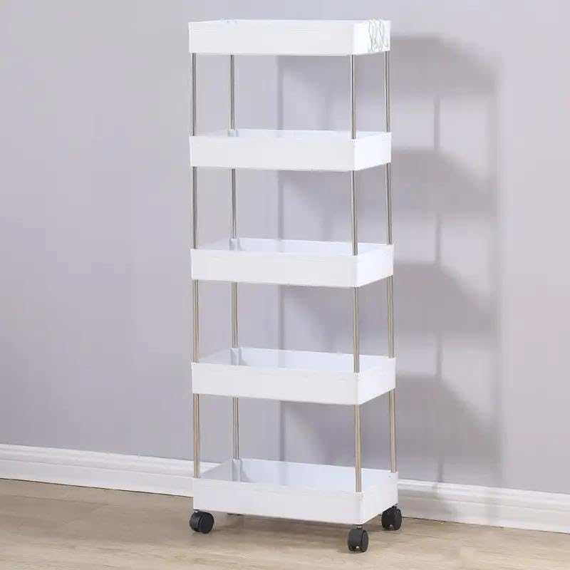 Pulsbery 5 Layer Kitchen Trolley Organizer With 5 Shelves, White, Modern Style, Plastic Vegetable Trolley Rack For Kitchen Stora
