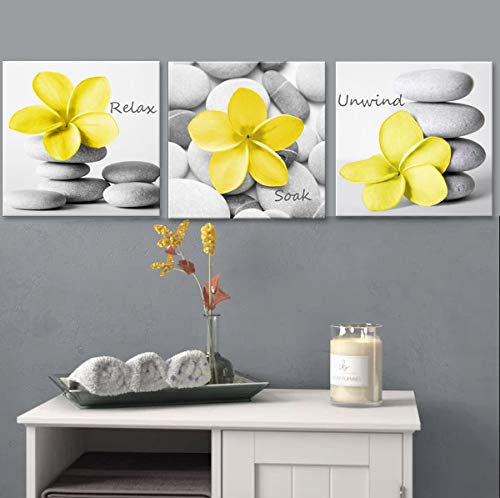 Genius Decor-Modern Yellow Gray Bathroom Wall Art Decor Zen Flowers Pictures Canvas Print Relax Soak Unwind Set Of 3 (Yellow Gra