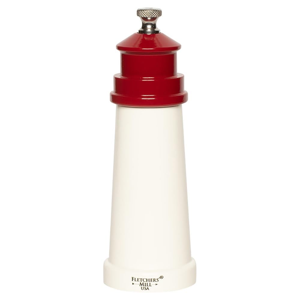 Fletchers' Mill Lighthouse Pepper Mill, White/Red - 9 Inch, Adjustable Coarseness Fine To Coarse, Made In U.S.A.