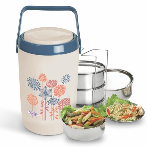 Stainless Steel Insulated Lunch Box With Floral Design, 3-Tier Food Container, Thermal Tiffin Carrier For Office, 5-6 Hours Heat
