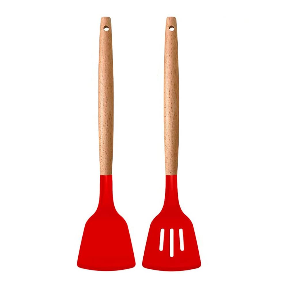 Woodtula Wooden Handle Cooking Utensil Set  Slotted Turner For Fish, Cookies, Eggs, Pancakes  Cooking Turner Spatula (Red)