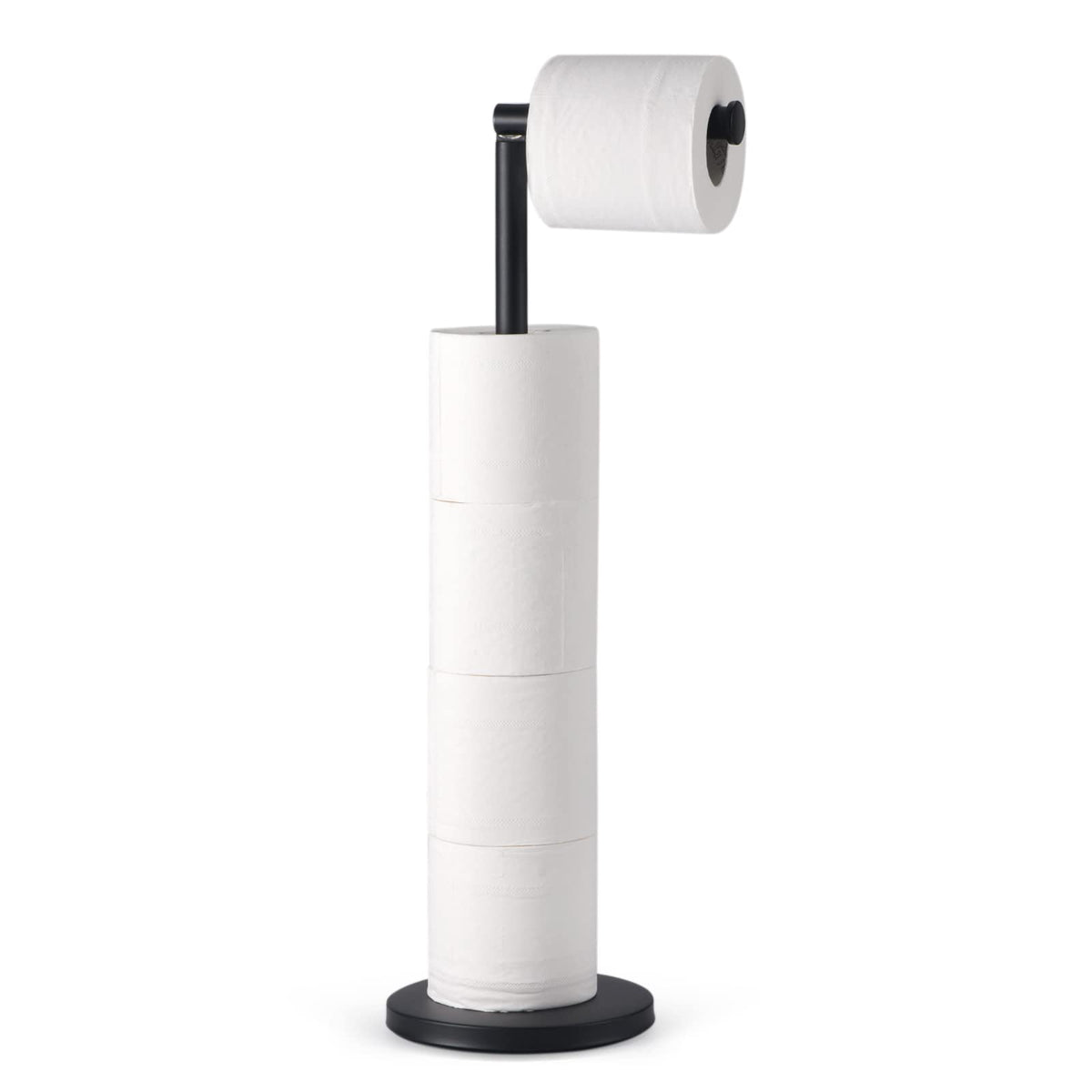 Layuki Toilet Paper Holder Stand,Free Standing Toilet Paper Roll Holder With Storage, Matte Black,Extra Roll Available,Heavy Bas