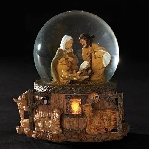 Fontanini by Roman 5.75 H 100mm Lighted Musical Holy Family on a Stable Glitterdome, Religious Tabletop Christmas Decoration, Si